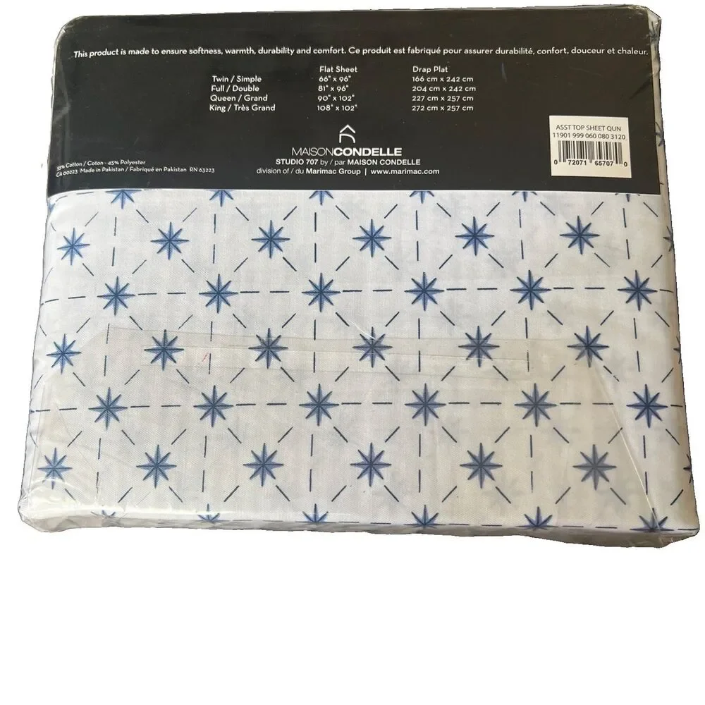Vintage Studio 707 Twin Flat Sheet White Blue Atomic Pattern 200 Thread Ct New